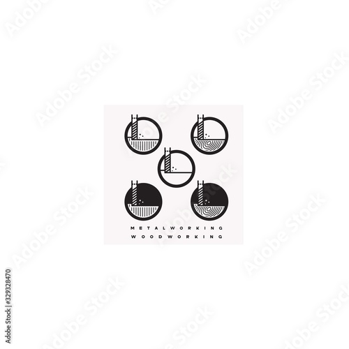 illustration consisting of several images of milling cutters for wood and metal and the inscription "woodworking" and "metalworking" in the form of a symbol or logo