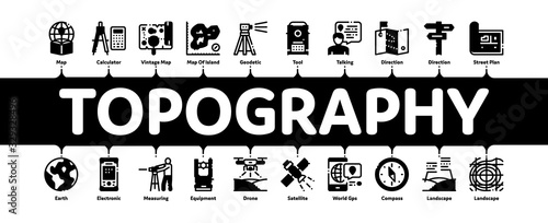 Topography Research Minimal Infographic Web Banner Vector. Topography Equipment And Device, Compass And Calculator, Satellite And Phone, Drone Illustrations