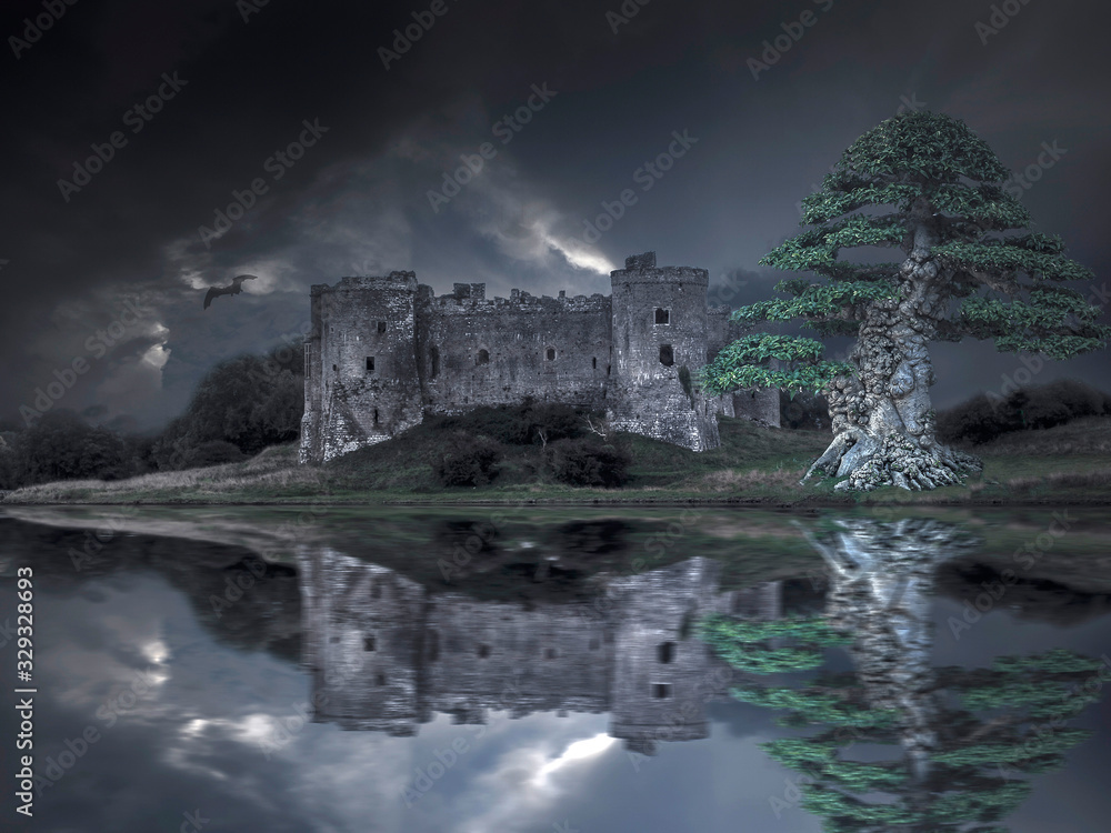 Ghostly castle with threatening sky and majestic tree and bat mirroring the water