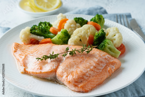 Steam salmon and vegetables, Paleo, keto, fodmap, dash diet. Mediterranean food with fish