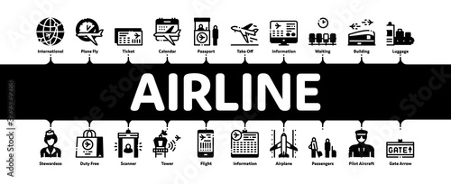 Airline And Airport Minimal Infographic Web Banner Vector. Airline Worldwide Direction And Ticket, Pilot And Stewardess, Airplane And Calendar Illustrations