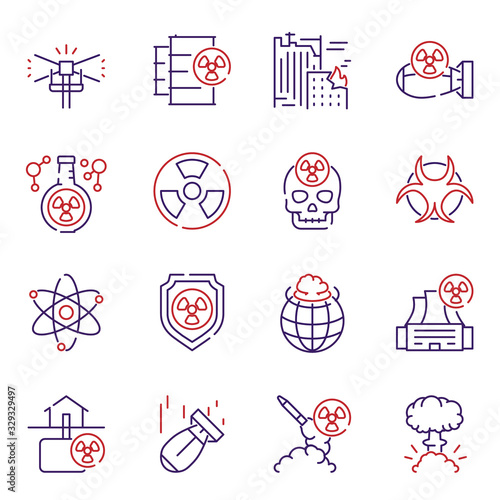 Nuclear color linear icon set. Editable stroke. Missile, radioactive, shelter, bomb effect