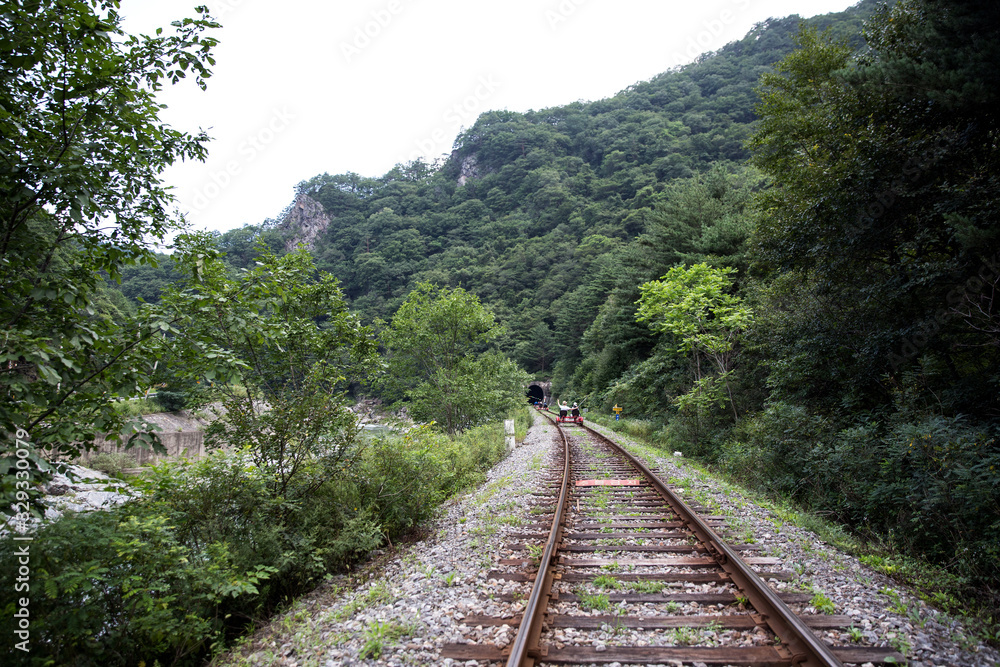 Fototapeta premium Old railroad tracks and rail bikes in Jeongseon-gun, South Korea.