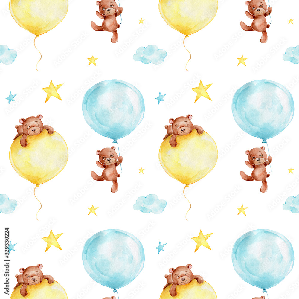 Seamless pattern with cartoon teddy bear with blue and yellow balloons ...