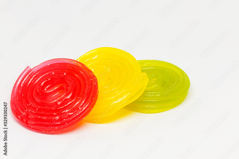 candy laces in three different colors on white background candy laces in three different colors on white background
