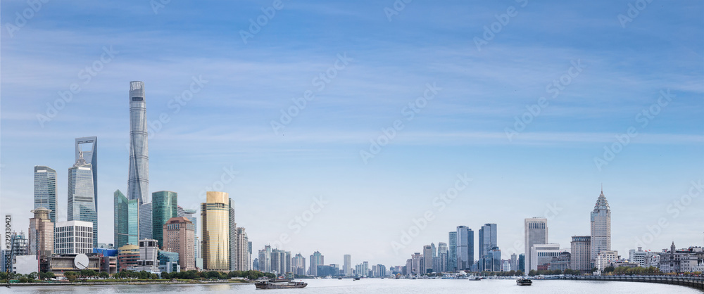 shanghai skyline  with blue sky and cloud.