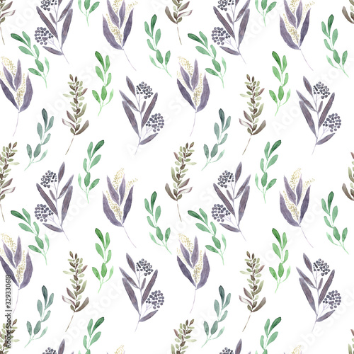 Fototapeta Naklejka Na Ścianę i Meble -  Watercolor seamless pattern with spring flowering plants. Red flowers, branches and leaves