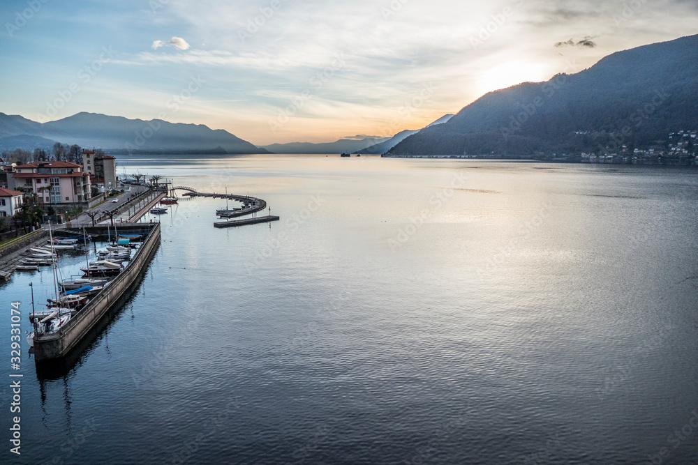 Aerial view of Lake Maggiore in the sunset Aerial view of Lake Maggiore in the sunset