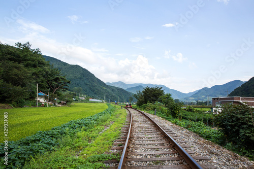 Old railroad tracks and rail bikes in Jeongseon-gun, South Korea.