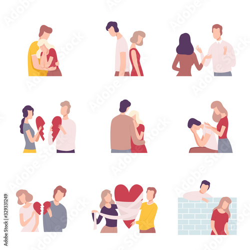 Couples Trying to Save Love and Friendship Collection Flat Vector Illustration