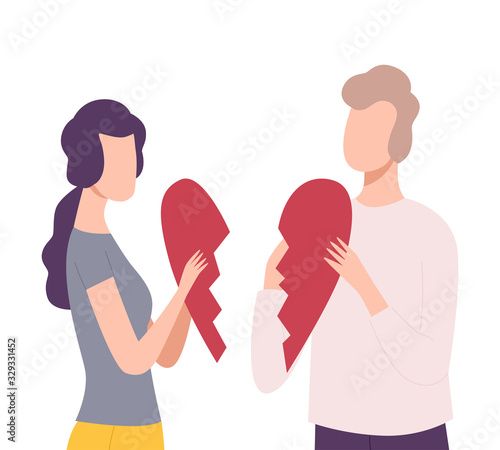 Young Man and Woman Trying to Connect Pieces Of Broken Heart, People Trying to Save Love and Friendship Flat Vector Illustration