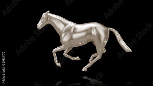 Glossy Silver horse in running motion pose on black background. 3D render Horse Run.