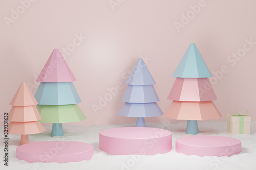 Merry Christmas and Happy New Year pastel background,Abstract geometric podium product stage with pine tree, platform Scene to show cosmetic products presentation. xmas, 3d render