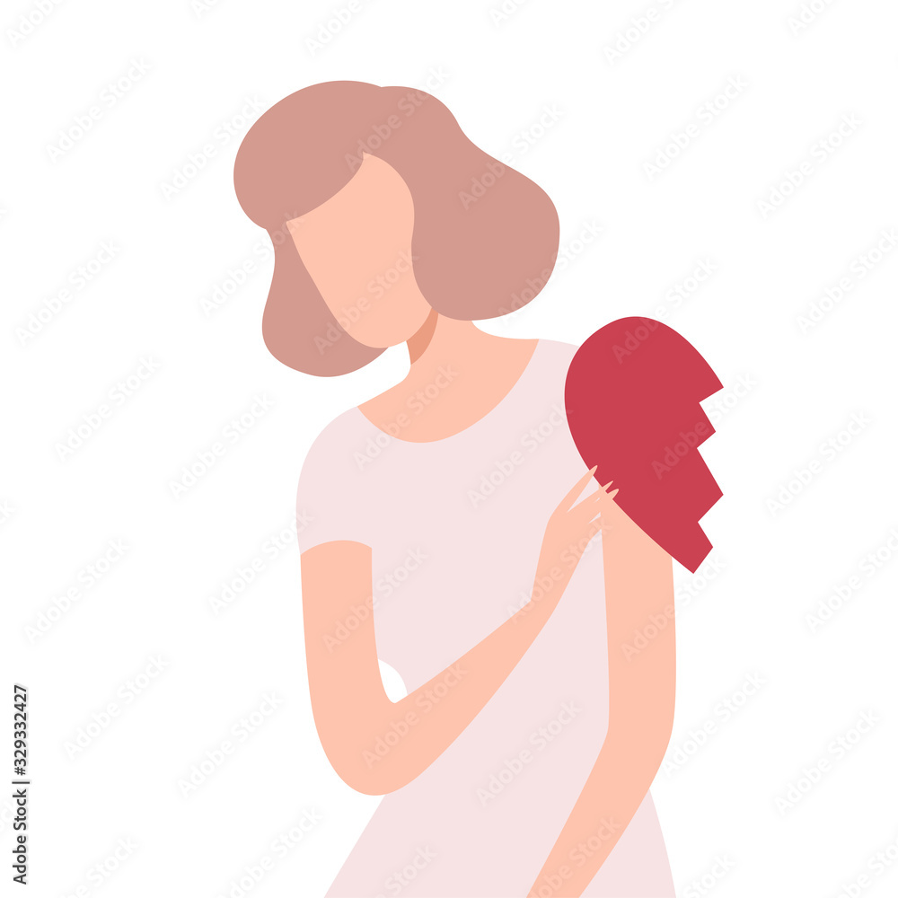 Lonely Frustrated Woman with Half of Broken Heart, Unrequited Love Flat Vector Illustration Lonely Frustrated Woman with Half of Broken Heart, Unrequited Love Flat Vector Illustration