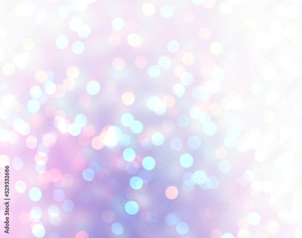 White pink blue lilac gradient background decorated shiny bokeh . Shimmer pattern. Brilliant lights template. Holiday iridescent sparkles. Wonderful gleam illustration.