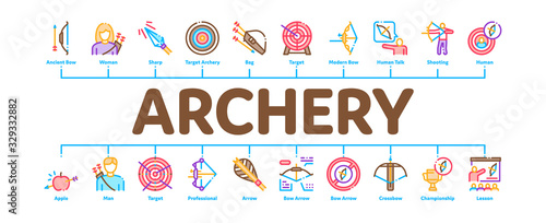 Archery Activity Sport Minimal Infographic Web Banner Vector. Archery Target And Equipment, Crossbow And Bow, Arrow And Archer, Championship Cup Illustrations