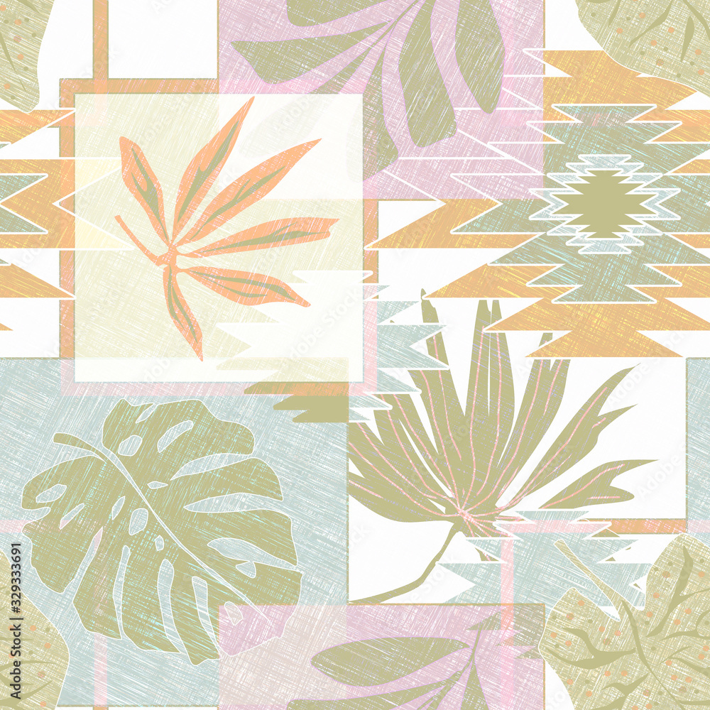 Seamless abstract pattern. Tropical leaves and geometric shapes in pastel shades.