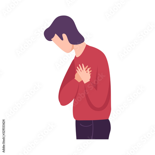 Lonely and Sad Young Man Keeping Hands on Chest, Unrequited Love Flat Vector Illustration