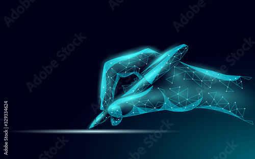 3D digital signature writing concept. Businessman whine a sign on tablet touch screen terminal. Digital pen online internet data security drawing device vector illustration photo