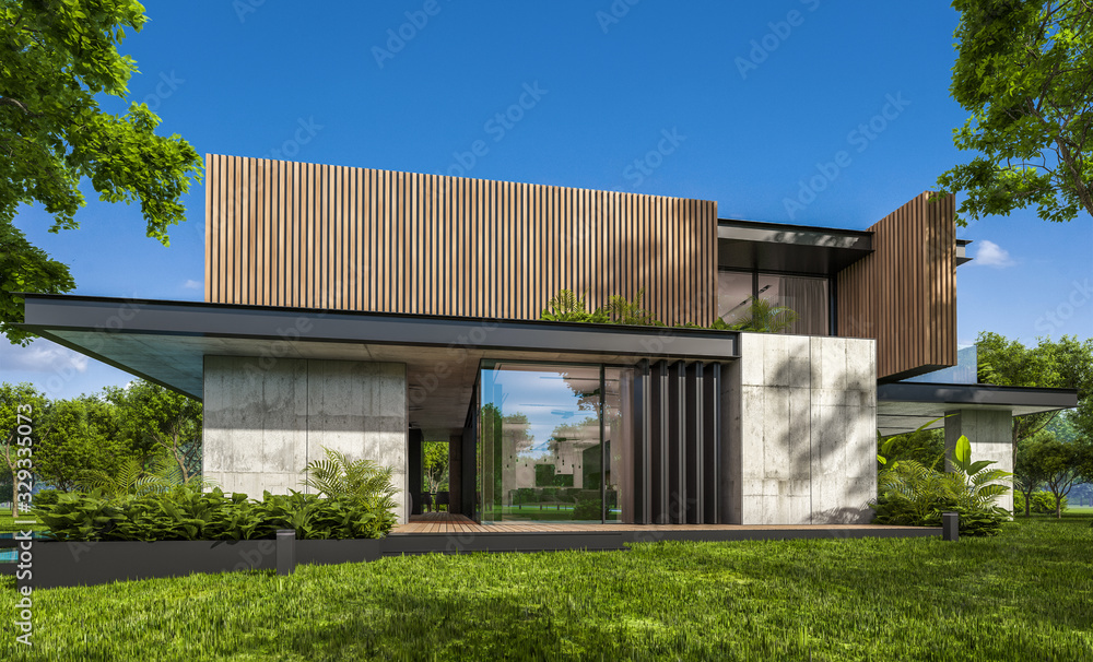 Obraz premium 3d rendering of modern cozy house with parking and pool for sale or rent with wood plank facade and beautiful landscaping on background. Clear sunny summer day with blue sky.