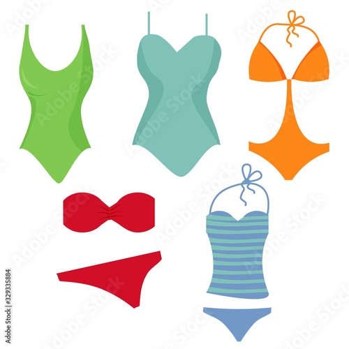 Set swimsuits isolated on white background in vector design. Multicolour collection of female swimwear. Elegant, fashion, different shapes. Graphic sexy beach clothes