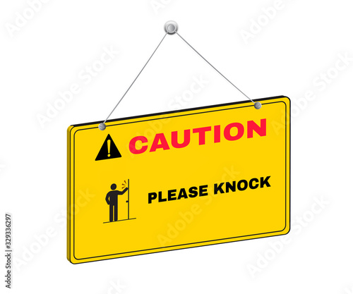 Accident Prevention signs, 3D Caution board with message Please knock, beware and careful Sign, Three dimensions warning symbol concept, vector illustration.