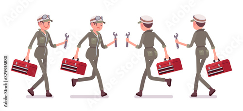Mechanic girl in overalls with a toolbox. Attractive female skilled worker, motor vehicle service technician wearing uniform, garage or an auto workshop job. Vector flat style cartoon illustration