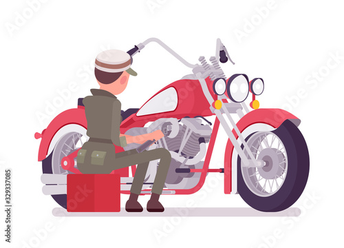 Mechanic girl in overall servicing motorbike. Attractive female skilled worker, motor vehicle service technician wearing uniform, garage or an auto workshop job. Vector flat style cartoon illustration