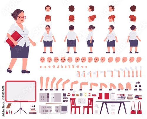 Fat female clerk in formal wear construction set. Heavy middle aged business girl, manager, civil service worker, office equipment, plus size employee. Cartoon flat style infographic illustration
