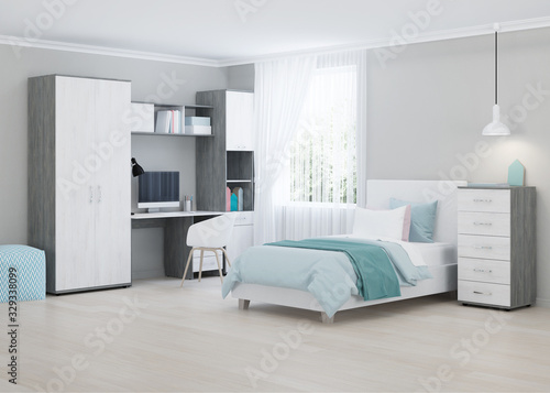 Cozy stylish bedroom designed for a teenager. Bright interior with bright accents. 3D rendering.