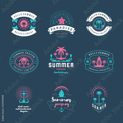 Summer holidays labels and badges retro typography design set.