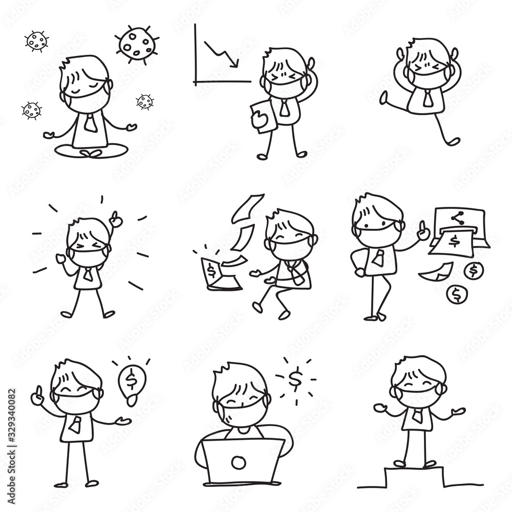 set of hand drawing businessman wear mask during virus outbreak. set of hand drawing businessman wear mask during virus outbreak.