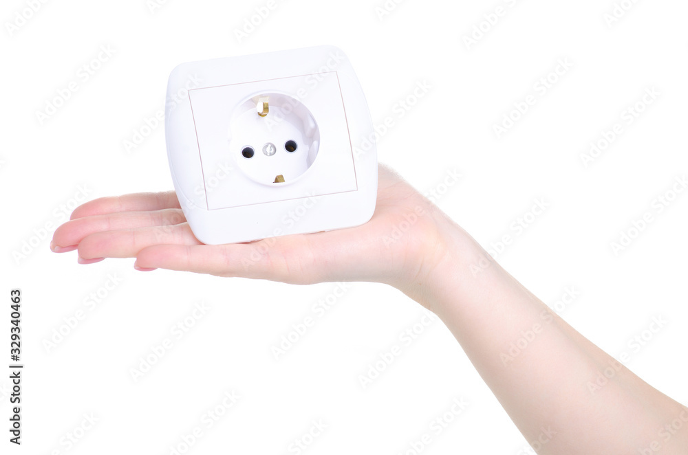 Hand holding socket electricity power equipment device on white background isolation Hand holding socket electricity power equipment device on white background isolation