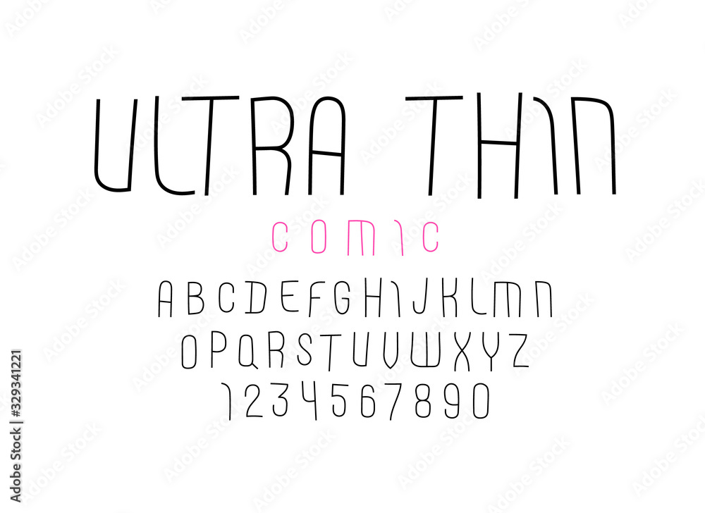 Comic font from ultra thin line, trendy simple alphabet sans serif, modern condensed black letters and numbers
