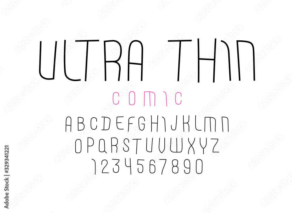 Fototapeta premium Comic font from ultra thin line, trendy simple alphabet sans serif, modern condensed black letters and numbers