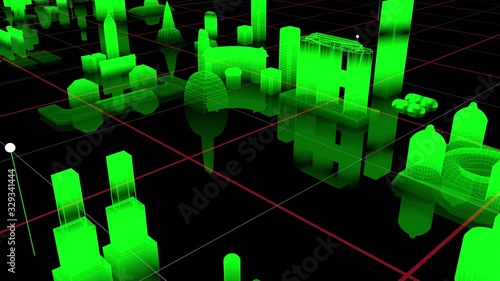 Abstract hologram 3D Big green Data Digital City with futuristic matrix. Digital buildings with a binary code particles network. Technological and connection motion background. Seamless loop 3D render