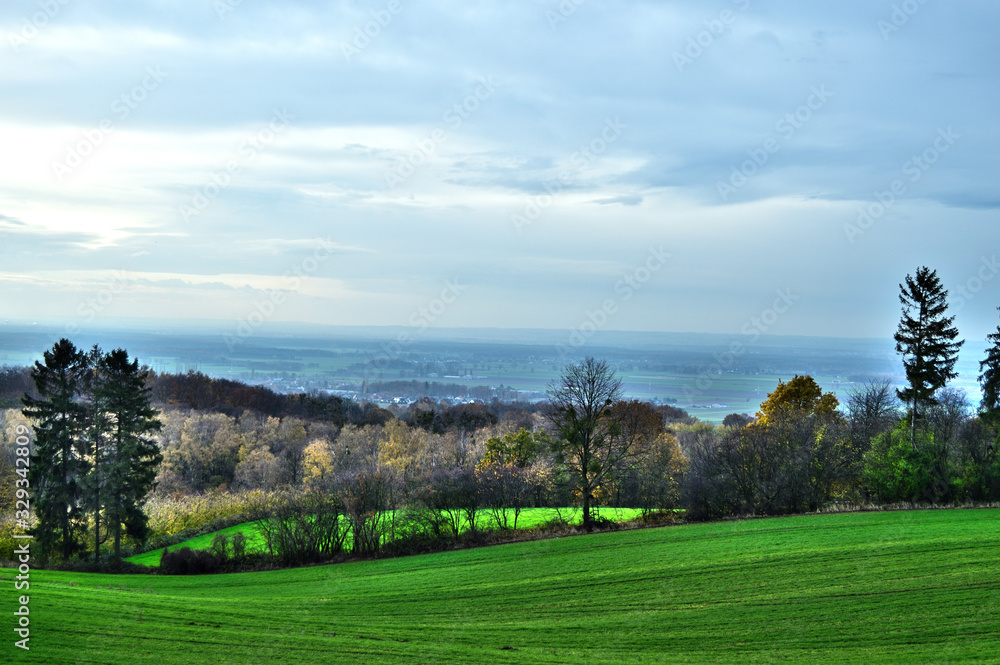 HDR landscape with blue sky and extra green grass