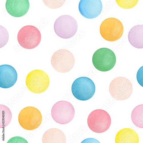 seamless repeat pattern with colorful watercolor circles, bright and happy pattern design for backgrounds, wrapping projects, wallpaper, fabric or party poster, geometric surface pattern design