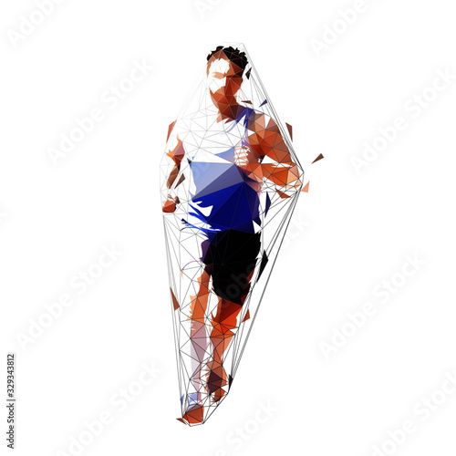 Run, low polygonal runner. Isolated geometric vector illustration. Front view