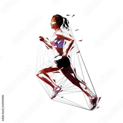 Running woman, low poly isolated vector illustration. Geometric runner, side view