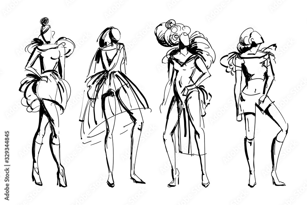 Stylish fashion models set. Abstract stylized female figures. Ink grunge sketch style. Isolated objects on white background. Vector illustration Stylish fashion models set. Abstract stylized female figures. Ink grunge sketch style. Isolated objects on white background. Vector illustration