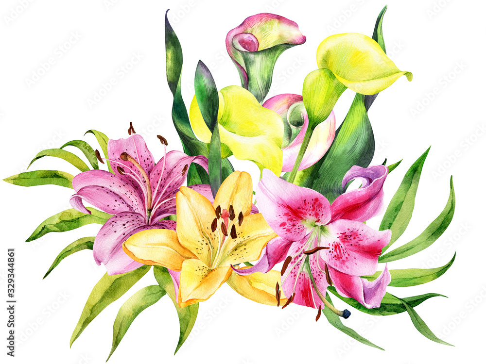 Bouquet of watercolor lily, red, pink lilly and yellow calla flowers on an isolated white background, watercolor flower, stock illustration. Card, postcard, greeting, invitation. Bouquet of watercolor lily, red, pink lilly and yellow calla flowers on an isolated white background, watercolor flower, stock illustration. Card, postcard, greeting, invitation.