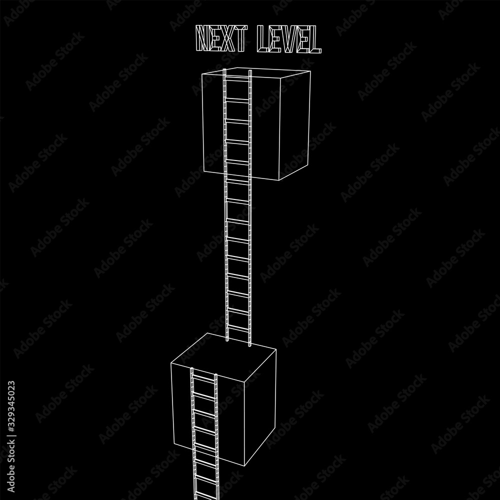 Next level with high giant box wall towards the sky with clouds and tall ladders. Pass challenge to reach the goal concept. Wireframe low poly mesh vector illustration.