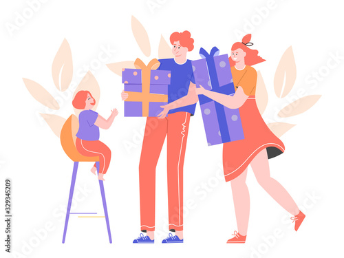 Parents give presents to their little daughter. Big bright boxes with bows. Spoiled happy girl. Young pretty family. Vector flat illustration.