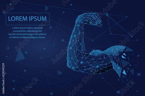 Human power low poly wireframe banner template. Polygonal physical strength, strong bodybuilder, athlete body mesh art illustration. 3D male hand muscles, flexed biceps with connected dots