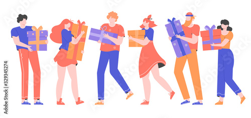 Group of young people is standing with gifts boxes in their hands. Holidays and discounts. Men and women please friends and relatives. Vector flat illustration.