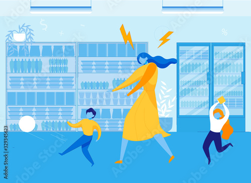 Mother with Hyperactive Children in Supermarket Flat Cartoon Vector Illustration. Parent Trying to Catch Son who is Running with Ball among Shelves. Daughter with Cube. Characters with Bad Behaviour.