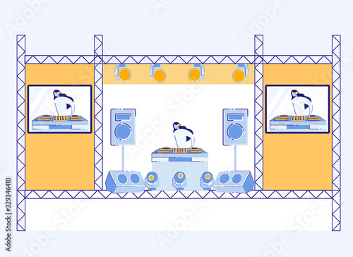 Dj Party Performance. Girl Artist in Headphones Mixing Music Track on Turntables Standing on Stage with Huge Screen Showing her for People. Music Festival Sound Party. Cartoon Flat Vector Illustration