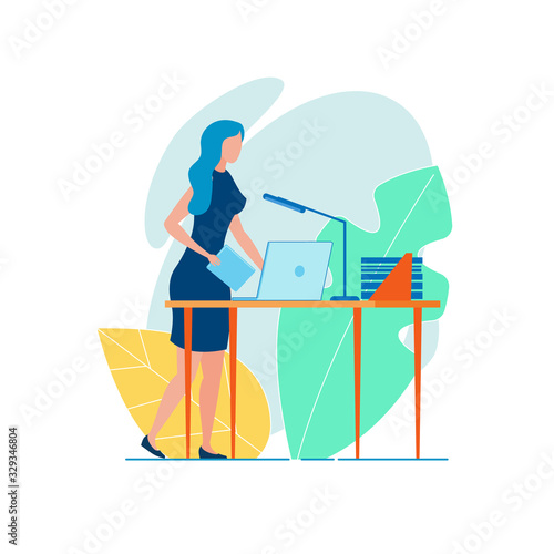 Woman Office Worker, Secretary or Assistant, Busy at Her Work Station, Standing Next to Her Desk, Equipped with Notebook and Lamp, Holding Pad in Her Hand, Solving Many Problems at a Time photo