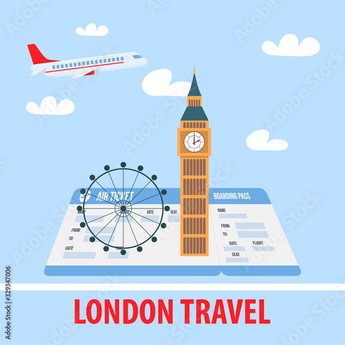 London Travel Poster, Banner Template with Text. Great Britain Trip. European Landmarks on Boarding Pass Vector Illustration. Big Ben, London Eye Flat Drawing. Sightseeing Tour. Airplane Ticket